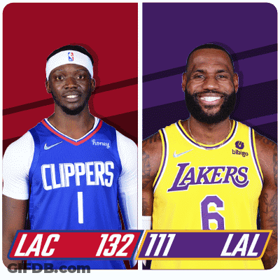 Two Basketball Players From The Clippers And Lakers Are Standing Next To Each Other GIF