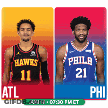 Two Basketball Players From The Hawks And Philadelphia GIF