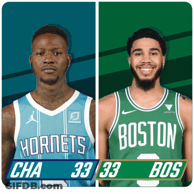 Two Basketball Players From The Hornets And Boston Are Standing Next To Each Other GIF