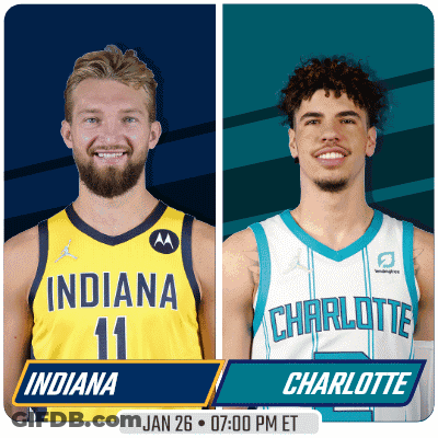 Two Basketball Players From The Indiana And Charlotte Teams Are Standing Next To Each Other GIF