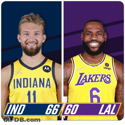 Two Basketball Players From The Indiana Pacers And Lakers GIF