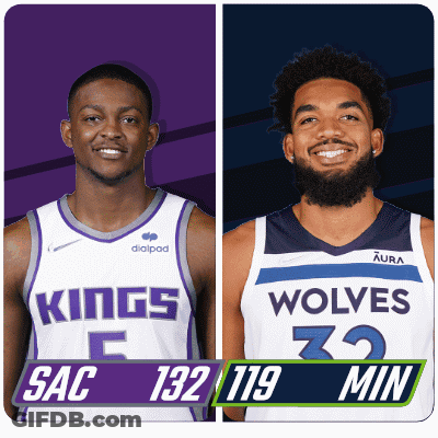 Two Basketball Players From The Kings And Wolves Are Standing Next To Each Other GIF