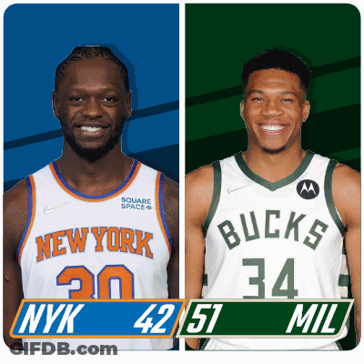 Two Basketball Players From The New York Knicks And Bucks GIF