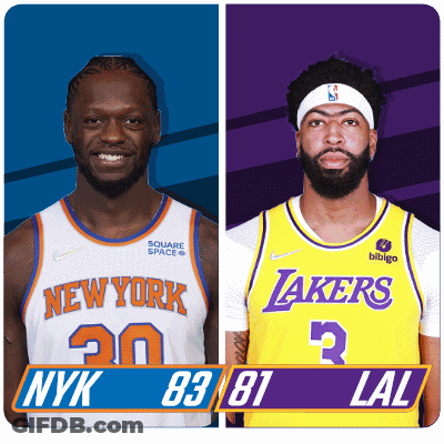 Two Basketball Players From The New York Knicks And The Lakers GIF