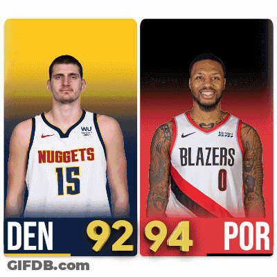 Two Basketball Players From The Nuggets And The Blazers Are Standing Next To Each Other GIF