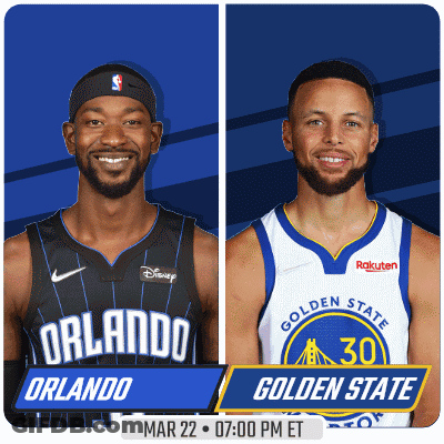 Two Basketball Players From The Orlando Magic And Golden State Warriors Are On A Blue Background GIF
