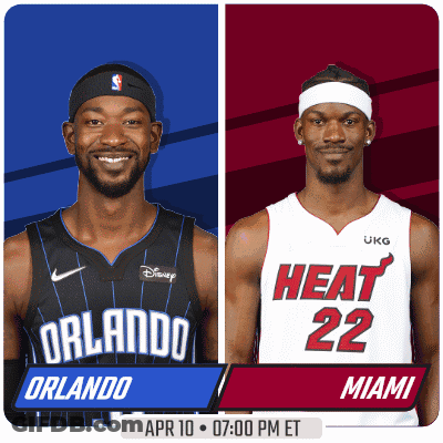 Two Basketball Players From The Orlando Magic And The Heat Are Standing Next To Each Other GIF
