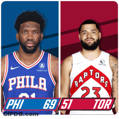 Two Basketball Players From The Philadelphia 76Ers And The Raptors Are Standing Next To Each Other GIF
