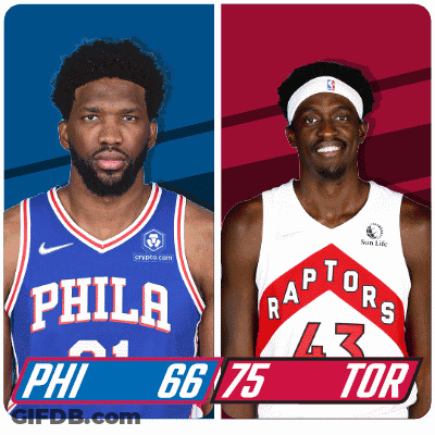 Two Basketball Players From The Philadelphia 76Ers And The Raptors Are Standing Next To Each Other GIF