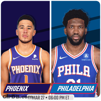 Two Basketball Players From The Phoenix And Philadelphia Teams GIF