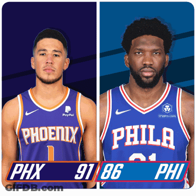 Two Basketball Players From The Phoenix And Philadelphia Teams Pose For A Picture GIF