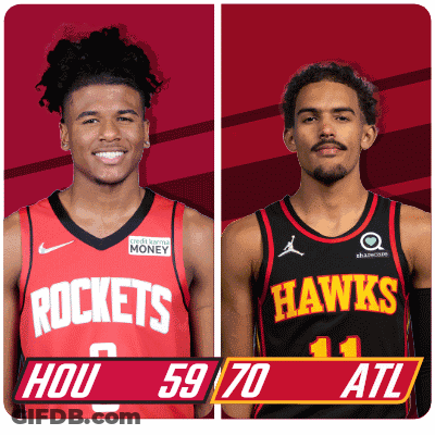 Two Basketball Players From The Rockets And The Hawks Are Standing Next To Each Other GIF