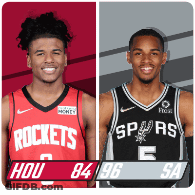 Two Basketball Players From The Rockets And The Spurs Are Standing Next To Each Other GIF