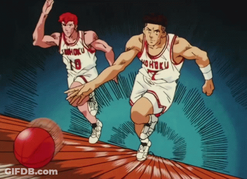 Two Basketball Players From The Shohoku Team Are Running With A Ball GIF