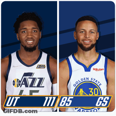 Two Basketball Players From The Utah Jazz And Golden State Warriors Are Standing Next To Each Other GIF