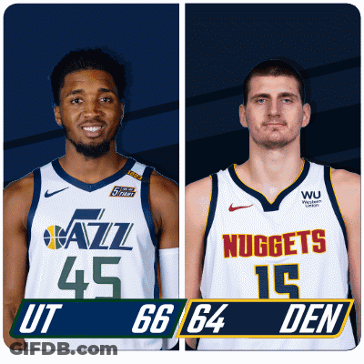 Two Basketball Players From The Utah Jazz And The Denver Nuggets Are Standing Next To Each Other GIF