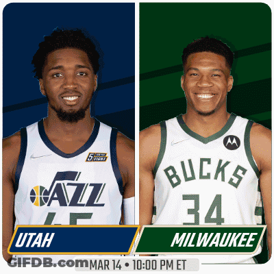 Two Basketball Players From The Utah Jazz And The Milwaukee Bucks Are Standing Next To Each Other GIF