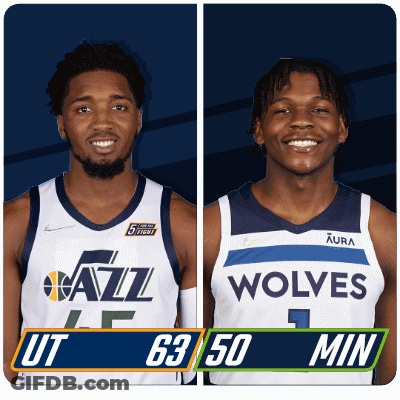 Two Basketball Players From The Utah Jazz And The Wolves GIF