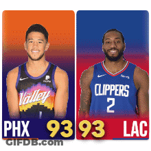Two Basketball Players From The Valley And Clippers Are Standing Next To Each Other GIF