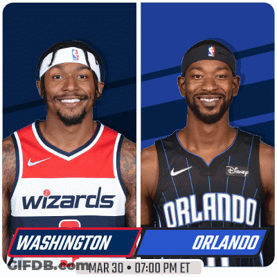 Two Basketball Players From The Wizards And Orlando Are On A Blue Background GIF