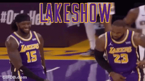 Two Basketball Players In Lakers Jerseys GIF