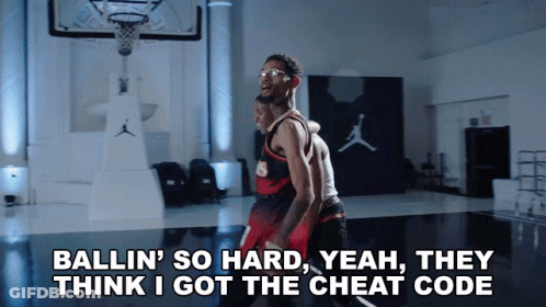 Two Basketball Players On A Court With The Words Ballin ' So Hard Yeah They Think I Got The Cheat Code Below Them GIF