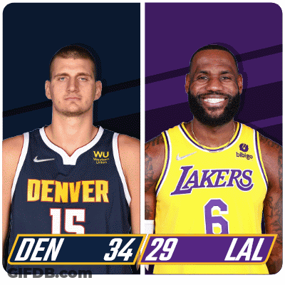 Two Basketball Players One From Denver And One From Lakers Are Standing Next To Each Other GIF
