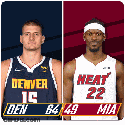 Two Basketball Players One From Denver And The Other From Heat Are Standing Next To Each Other GIF