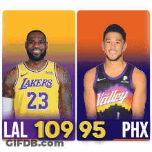 Two Basketball Players One From Lakers And One From Valley Are Standing Next To Each Other GIF