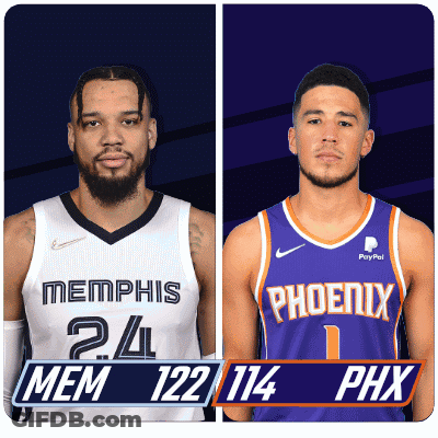 Two Basketball Players One From Memphis And One From Phoenix Are Standing Next To Each Other GIF