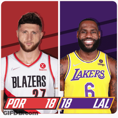 Two Basketball Players One From The Blazers And The Other From The Lakers Are Standing Next To Each Other GIF