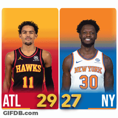 Two Basketball Players One From The Hawks And The Other From New York GIF