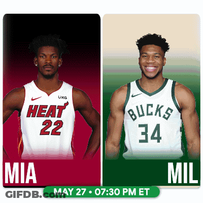 Two Basketball Players One From The Heat And One From The Bucks Are Standing Next To Each Other GIF