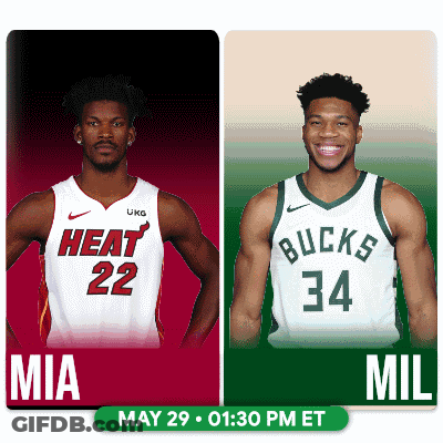 Two Basketball Players One From The Heat And One From The Bucks Are Standing Next To Each Other GIF