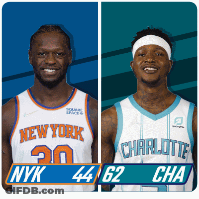 Two Basketball Players One From The New York Knicks And One From The Charlotte Hornets GIF