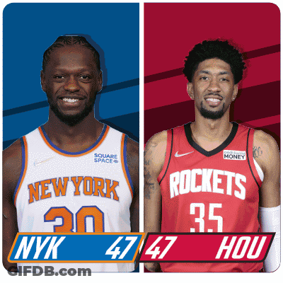 Two Basketball Players One From The New York Knicks And One From The Houston Rockets GIF