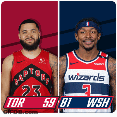 Two Basketball Players One From The Raptors And One From The Wizards Are Shown GIF