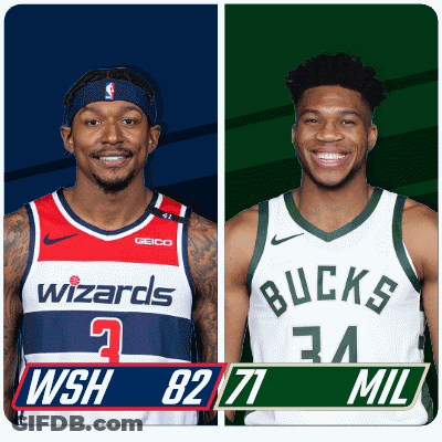 Two Basketball Players One From The Wizards And The Other From The Bucks Are Standing Next To Each Other GIF