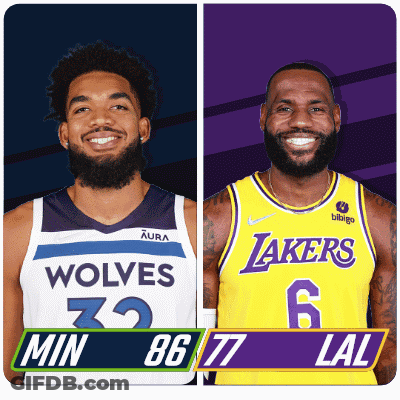 Two Basketball Players One From Wolves And One From Lakers GIF