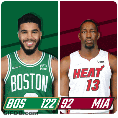 Two Basketball Players Wearing Boston And Heat Jerseys GIF