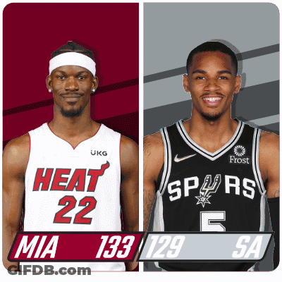 Two Basketball Players Wearing Heat And Spurs Jerseys GIF