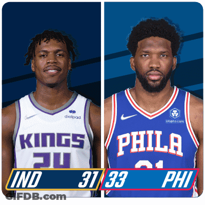 Two Basketball Players Wearing Kings And Philadelphia Jerseys GIF