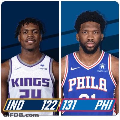 Two Basketball Players Wearing Kings And Philadelphia Jerseys GIF