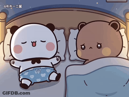 Two Bears Laying In Bed With Chinese Writing GIF