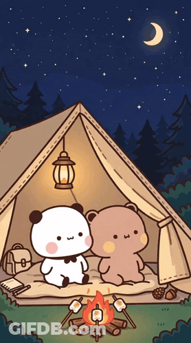 Two Bears Sitting In Tent With Marshmallows On Sticks GIF