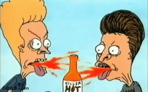 Two Beavis And Butthead Cartoon Characters Drinking Hot Sauce From A Killer Hot Bottle GIF