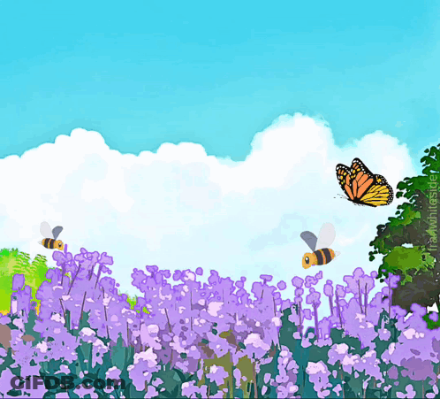 Two Bees And A Butterfly Are Flying Over Purple Flowers GIF