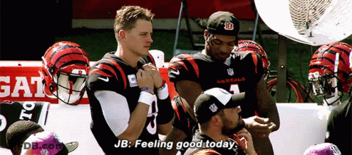 Two Bengals Football Players Are Talking To Each Other And One Of Them Says Jb Feeling Good Today GIF