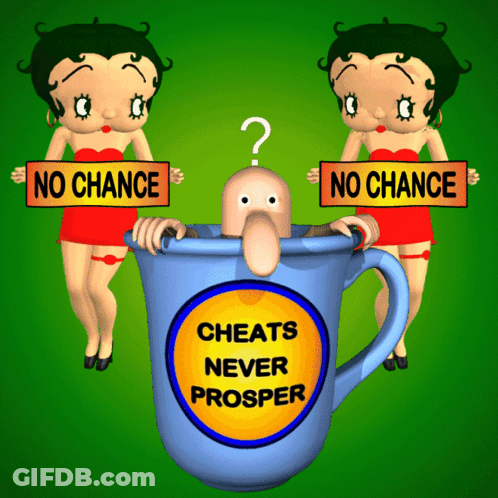Two Betty Boop Cartoon Characters Holding Signs That Say No Chance And Cheats Never Prosper GIF
