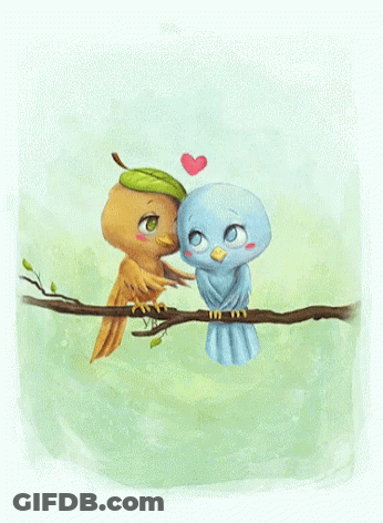 Two Birds Are Sitting On A Branch And One Has A Green Leaf On Its Head GIF